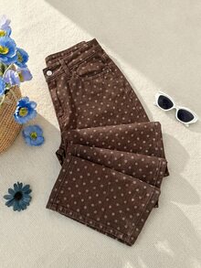 Comfortcana Women's Polka Dot Pattern Pocket Wide Leg Loose Casual Denim Jeans Elegant Jeans Casual Jeans Women's Country Pants Polka Dot Jeans Brown Jeans Jeans - Brown - View 7