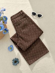 Comfortcana Women's Polka Dot Pattern Pocket Wide Leg Loose Casual Denim Jeans Elegant Jeans Casual Jeans Women's Country Pants Polka Dot Jeans Brown Jeans Jeans - Brown - View 5