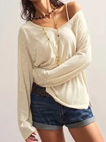 Bohemela 秋冬波西米亞風休閒純色針織V領長袖寬鬆女款T恤 米色 度假早午餐穿搭 - 杏色 - 查看 5