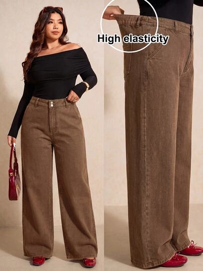 Elaquor Plus Size Casual Vintage Straight Leg Jeans Summer Fall Festival Going Out Graduation Casual Back To School Basic Brown  Business Elegant Brown Pants