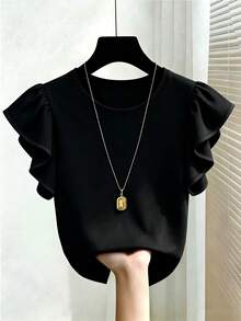 SHEIN Franclia Black And White Contrast Color T-Shirt Made Of Skin-Friendly Elastic Fabric, Comfortable To Wear. Round Neck Contrast Color Trim T-Shirt - Black - View 5