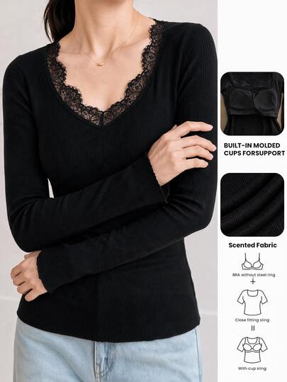 Yumoku Women Black Lace Square Neck Slim Fit T-Shirt,All White Padded Brafree Support Gather Casual Everyday Sports Streetwear Bra Free T-Shirt