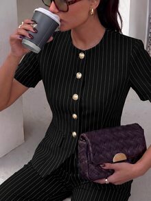 Lumalex 女款 2 件套黑白短袖收腰圓領金屬鈕扣高腰直筒長褲教師節辦公休閒裝 - 黑色 - 查看 5