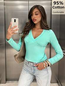 Siren Gaze Women's Cotton Solid Color Deep V-Neck Slim Fit Long Sleeve T-Shirt, Suitable For Vacation, Party, Date, Music Festival, Y2K, Spring/Summer, Autumn Top - Teal Blue - View 9