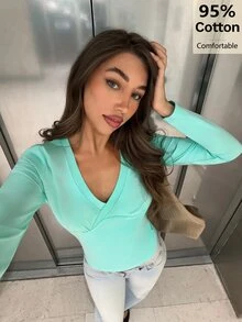 Siren Gaze Women's Cotton Solid Color Deep V-Neck Slim Fit Long Sleeve T-Shirt, Suitable For Vacation, Party, Date, Music Festival, Y2K, Spring/Summer, Autumn Top - Teal Blue - View 8