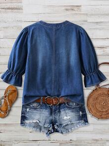 EMERY ROSE EMERY ROSE Plus Size Women's Notch V-Neck Pleated Casual Everyday Denim Top - Dark Wash - View 3