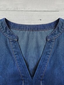 EMERY ROSE EMERY ROSE Plus Size Women's Notch V-Neck Pleated Casual Everyday Denim Top - Dark Wash - View 7
