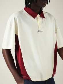 SUMWON Oversized Color Block Polo Shirt With Contrast Collar Short Sleeve Pique Casual Top - Beige - View 3
