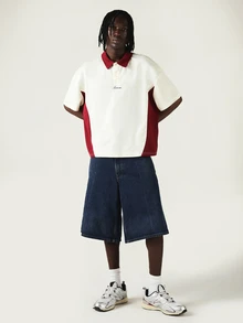 SUMWON Oversized Color Block Polo Shirt With Contrast Collar Short Sleeve Pique Casual Top - Beige - View 4