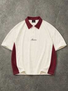 SUMWON Oversized Color Block Polo Shirt With Contrast Collar Short Sleeve Pique Casual Top - Beige - View 1