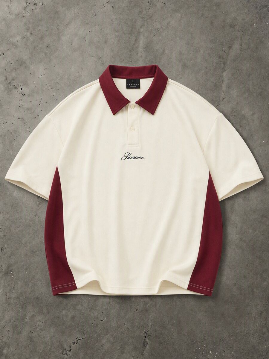 SUMWON Oversized Color Block Polo Shirt With Contrast Collar Short Sleeve Pique Casual Top - Beige - View 1
