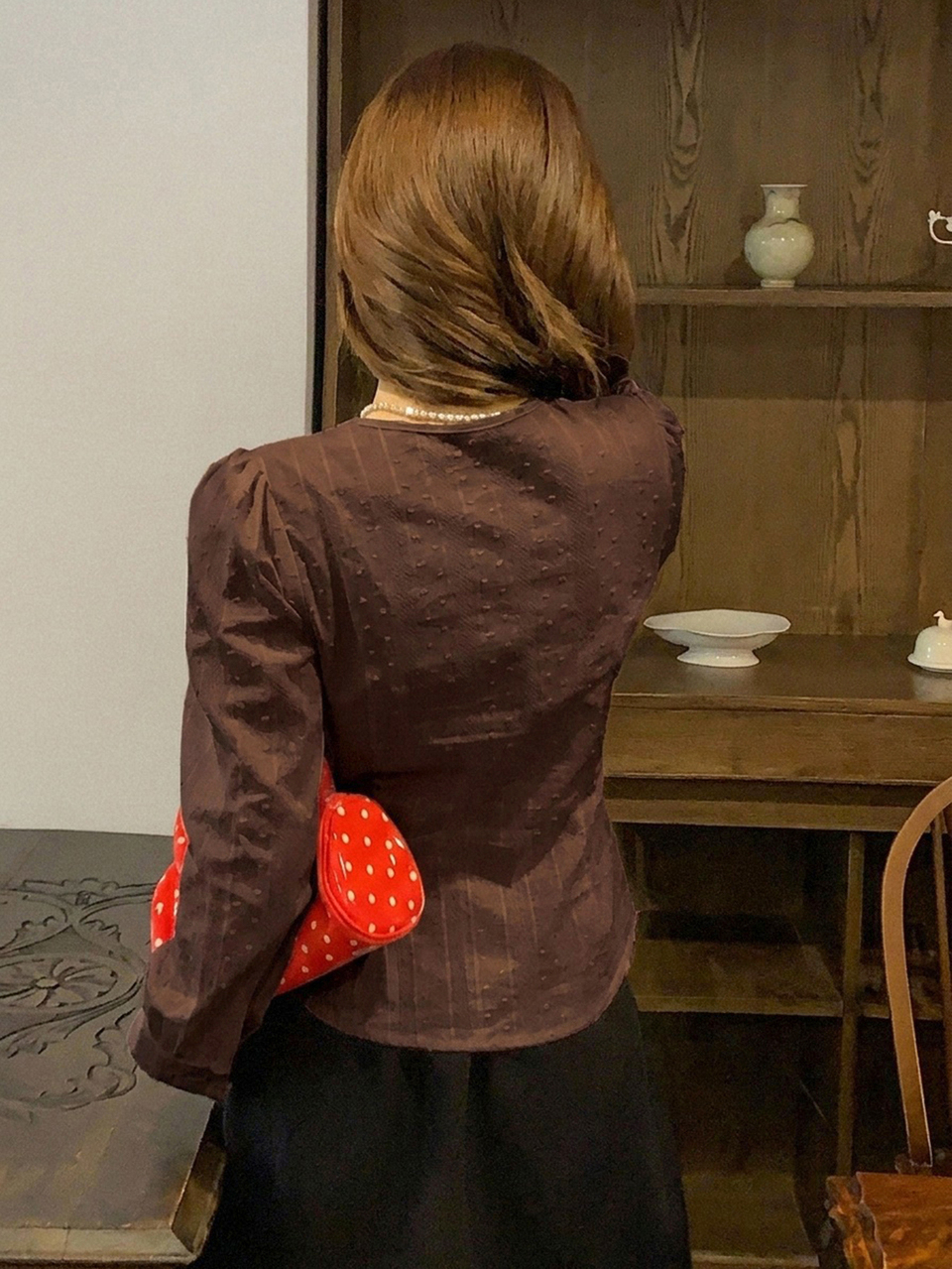 Contrast Lace Tie Front Puff Sleeve Blouse Cute Romantic Vintage Tops Brunch Party Brown Autumn