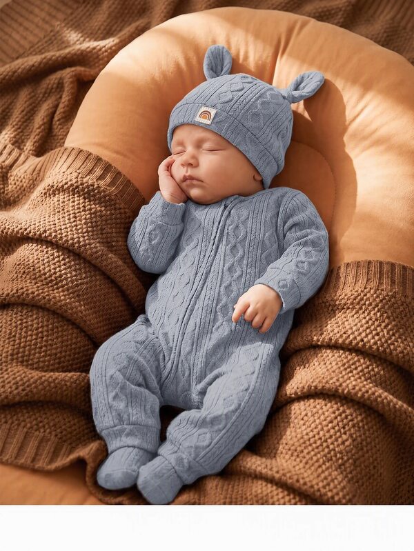 Loomiva Newborn Baby Girl Decorative Woven Label Knit Soft Round Neck Long Sleeve Romper Pants Hat 2 Pieces Set