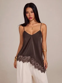 SHEIN PETITE 女款蕾絲拼接休閒百搭日常穿著細肩帶背心上衣 - 棕色 - 查看 5