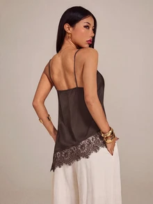 SHEIN PETITE 女款蕾絲拼接休閒百搭日常穿著細肩帶背心上衣 - 棕色 - 查看 2