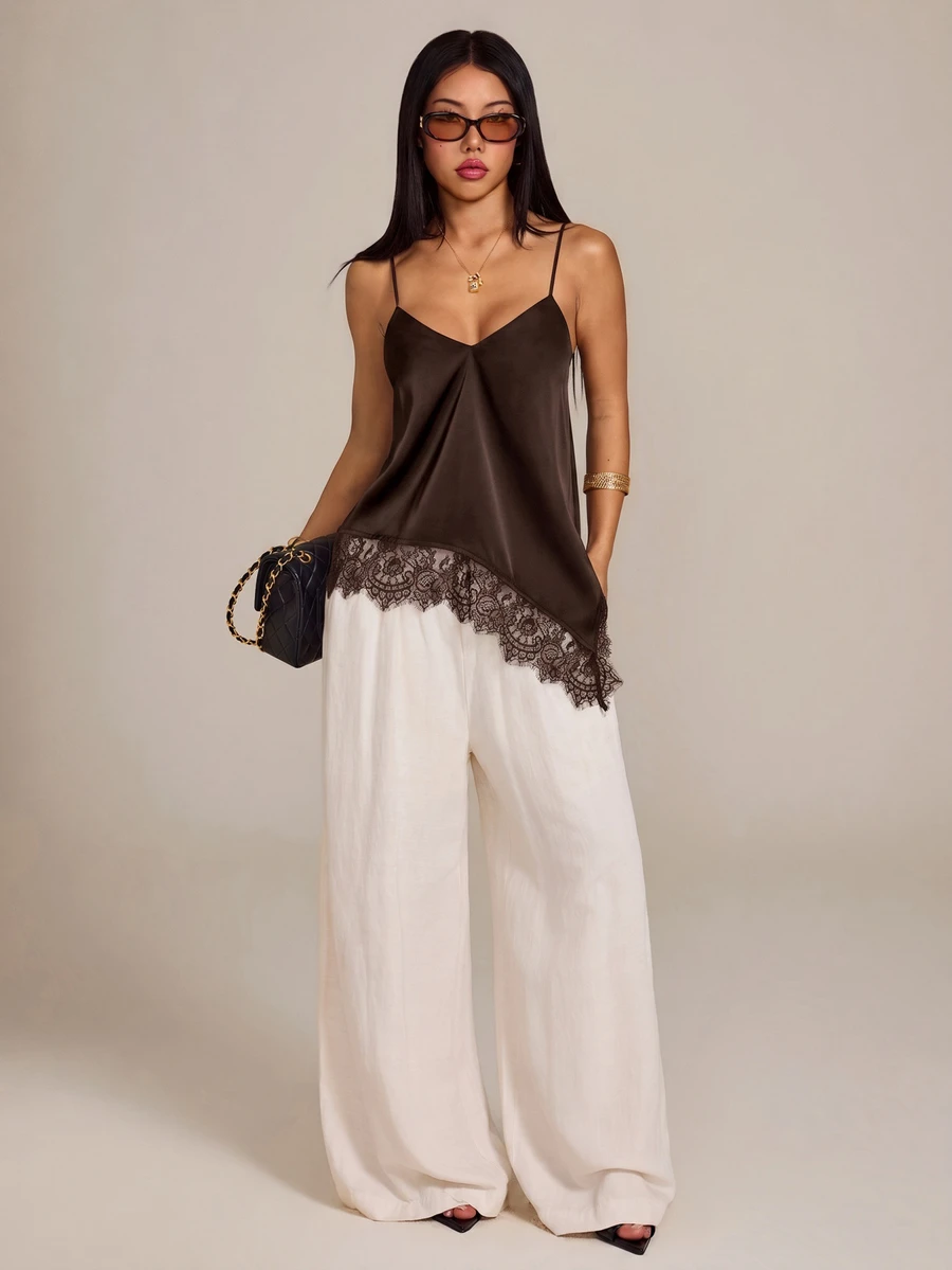 SHEIN PETITE 女款蕾絲拼接休閒百搭日常穿著細肩帶背心上衣 - 棕色 - 查看 1