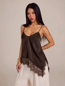 SHEIN PETITE 女款蕾絲拼接休閒百搭日常穿著細肩帶背心上衣 - 棕色 - 查看 4