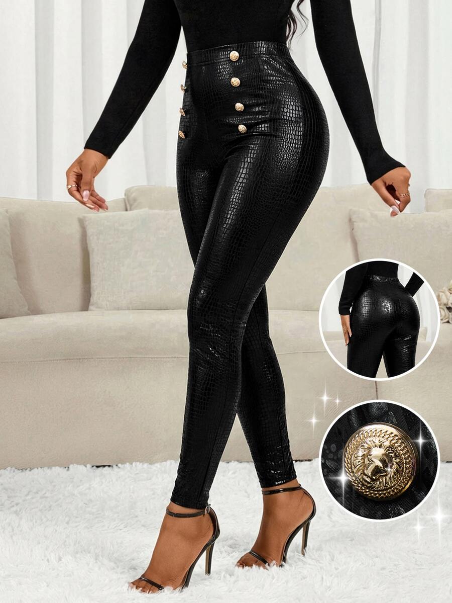 SHEIN Lady 女士时尚金属扣高腰打底裤 - 黑色 - 查看 1