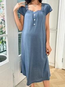 SHEIN Super Soft Floral Organza & Contrast Lace Button Closure Casual Nightgown, Pregnancy Nightwear - Blue - View 8