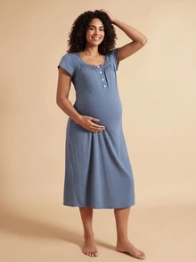 SHEIN Super Soft Floral Organza & Contrast Lace Button Closure Casual Nightgown, Pregnancy Nightwear - Blue - View 1