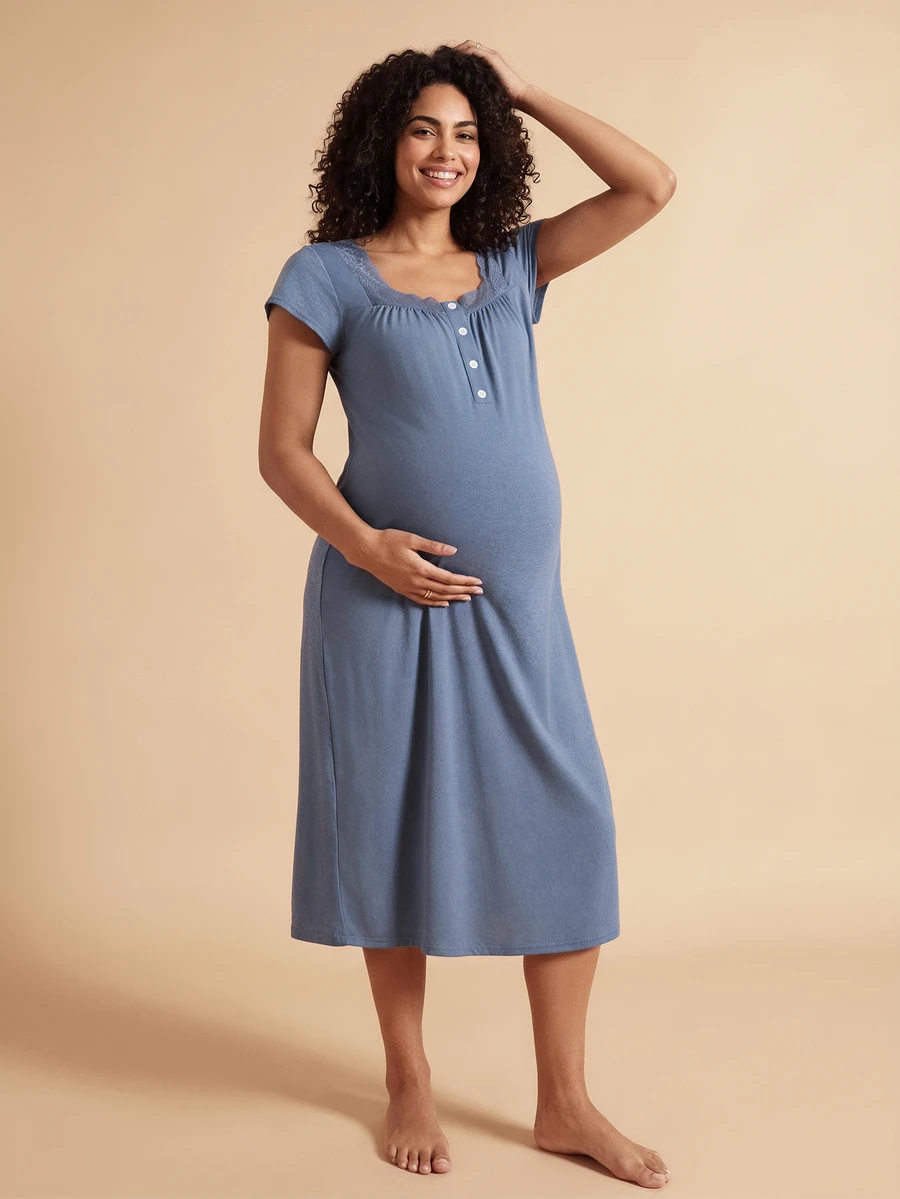 SHEIN Super Soft Floral Organza & Contrast Lace Button Closure Casual Nightgown, Pregnancy Nightwear - Blue - View 1