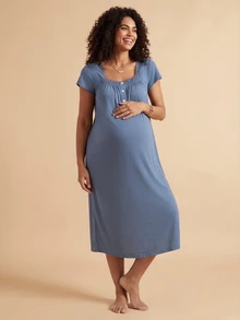 SHEIN Super Soft Floral Organza & Contrast Lace Button Closure Casual Nightgown, Pregnancy Nightwear - Blue - View 2