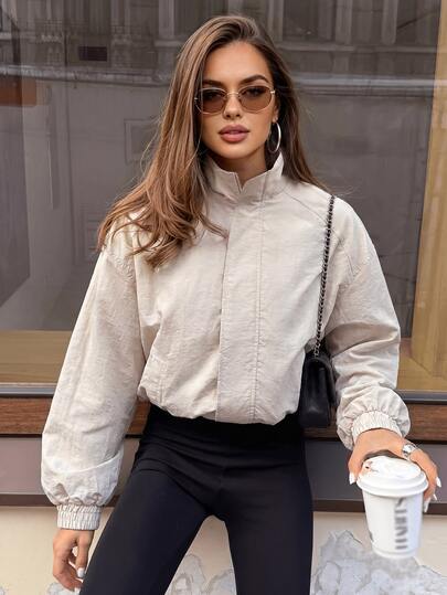 Avenya Minimalist Casual Style Stand Collar Zipper Ballet Sleeve Jacket Everyday Day Time Beige Autumn Fall/Winter