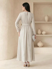 Veilorie Women's Elegant Solid Color Asymmetric Hem Arabian Dress - Apricot - View 2