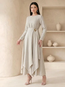 Veilorie Women's Elegant Solid Color Asymmetric Hem Arabian Dress - Apricot - View 3