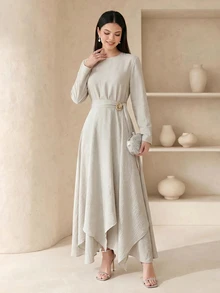 Veilorie Women's Elegant Solid Color Asymmetric Hem Arabian Dress - Apricot - View 1