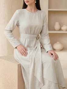 Veilorie Women's Elegant Solid Color Asymmetric Hem Arabian Dress - Apricot - View 7