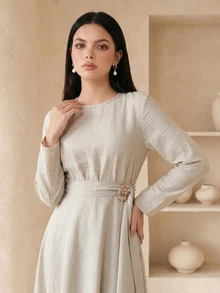 Veilorie Women's Elegant Solid Color Asymmetric Hem Arabian Dress - Apricot - View 5