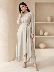 Veilorie Women's Elegant Solid Color Asymmetric Hem Arabian Dress - Apricot - View 8