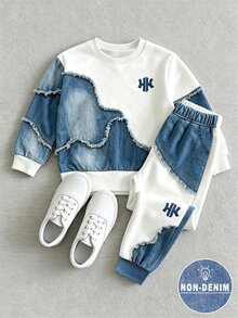 SHEIN 女童 2件組休閒時尚春/夏/秋款圓領運動衫與運動長褲套裝，酷炫幾何拼接圖案，彈性柔軟面料，春/夏/秋款男孩套裝，適合休閒出遊、返校、派對、戶外野餐、街拍、校園、假期、禮物 - 彩色 - 查看 3