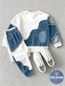 SHEIN 女童 2件組休閒時尚春/夏/秋款圓領運動衫與運動長褲套裝，酷炫幾何拼接圖案，彈性柔軟面料，春/夏/秋款男孩套裝，適合休閒出遊、返校、派對、戶外野餐、街拍、校園、假期、禮物 - 彩色 - 查看 2