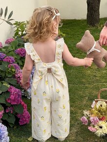 LMoss Kids 女嬰編織印花方領荷葉邊休閒連身褲 - 芥末黃 - 查看 1