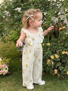 LMoss Kids 女嬰編織印花方領荷葉邊休閒連身褲 - 芥末黃 - 查看 6