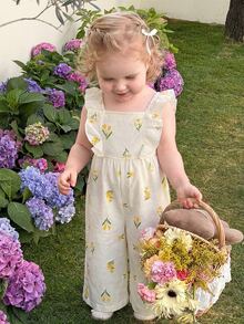 LMoss Kids 女嬰編織印花方領荷葉邊休閒連身褲 - 芥末黃 - 查看 2