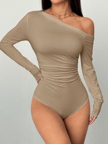 Flirla Black Asymmetric Shoulder Ruched Waist Fitted Long Sleeve Casual Bodysuit For Women, Autumn - Khaki - View 5