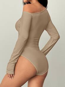 Flirla Black Asymmetric Shoulder Ruched Waist Fitted Long Sleeve Casual Bodysuit For Women, Autumn - Khaki - View 2