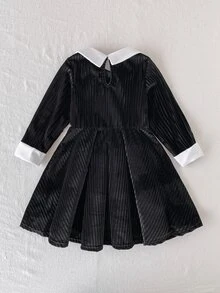 SHEIN 幼女 A 字花童洋裝 黑白條紋天鵝絨 彼得潘領 長袖 翻領 常規款 萬聖節 婚禮 7 歲生日 秋季 - 黑與白 - 查看 3