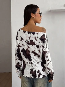 SHEIN EZwear 女款休閒極簡豹紋街頭風拼色運動衫，四季百搭現代都市時尚商務休閒辦公穿搭 - 彩色 - 查看 3