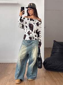 SHEIN EZwear 女款休閒極簡豹紋街頭風拼色運動衫，四季百搭現代都市時尚商務休閒辦公穿搭 - 彩色 - 查看 2