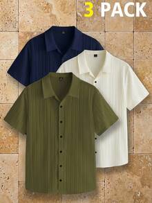 HIMLAND Men's Short Sleeve Shirts, 3-Pack, Polo Collar Button-Down, Ribbed Texture, Summer Casual Menswear, Camp Collar, Breathable Top, Wrinkle-Resistant. - Multicolor - View 1