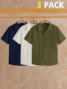 HIMLAND Men's Short Sleeve Shirts, 3-Pack, Polo Collar Button-Down, Ribbed Texture, Summer Casual Menswear, Camp Collar, Breathable Top, Wrinkle-Resistant. - Multicolor - View 4