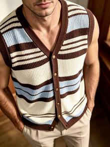 Manfinity Dauomo Personalized Commuter Dinner Graduation Casual Retro 90s Streetwear Blue And White Stripe Knit Vest Versatile Autumn/Winter - Multicolor - View 3