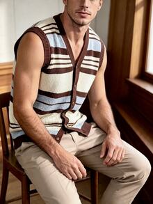 Manfinity Dauomo Personalized Commuter Dinner Graduation Casual Retro 90s Streetwear Blue And White Stripe Knit Vest Versatile Autumn/Winter - Multicolor - View 2