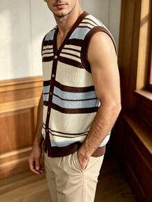 Manfinity Dauomo Personalized Commuter Dinner Graduation Casual Retro 90s Streetwear Blue And White Stripe Knit Vest Versatile Autumn/Winter - Multicolor - View 8