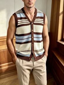 Manfinity Dauomo Personalized Commuter Dinner Graduation Casual Retro 90s Streetwear Blue And White Stripe Knit Vest Versatile Autumn/Winter - Multicolor - View 7