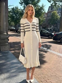 KARISMINA Women's Colorblock V-Neck Casual Daily Knit Dress - Beige - View 9
